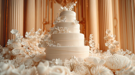 Gorgeous luxury modern wedding cake on a beautiful background. Generative AI.