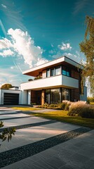 Poster - A modern house with a sleek white and wood exterior, landscaped garden, and driveway reflecting contemporary design elements and functionality.