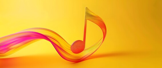 Poster - Abstract Musical Note with Yellow Background. A vibrant abstract musical note on a yellow background. The note is formed by a wave of colorful gradients that create a dynamic and artistic effect.