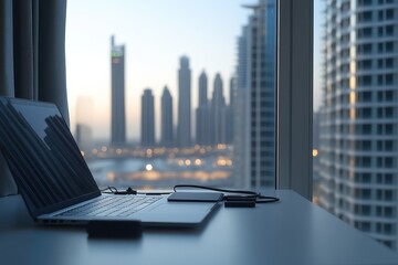 Canvas Print - Laptop with Cityscape View