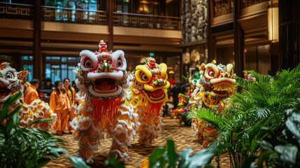 dragon dances in the hotel's lobby, with colorful costumes and happy faces celebrating Chinese New Year