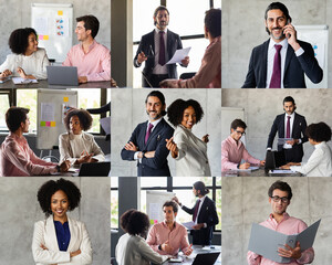 Aufkleber - A group of professional individuals engages in various meeting activities within a contemporary office setting, showcasing collaboration and communication. They participate in discussions