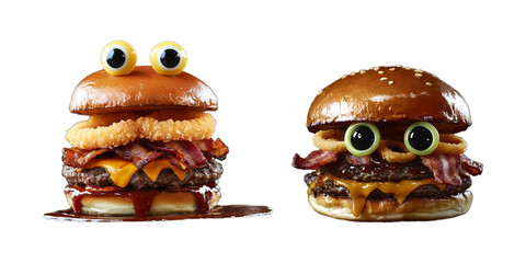 Two funny hamburgers with eyes isolated on a transparent background.