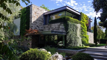 Poster - Elegant and modern house exterior showcasing a blend of stone and glass architecture, surrounded by lush greenery and well-maintained bushes that complement its design.