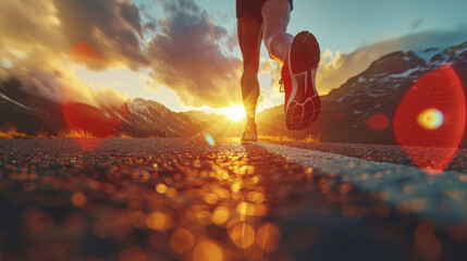 Wall Mural - A close-up of a runner's feet mid-stride, backlit by the setting sun, detailed textures on the