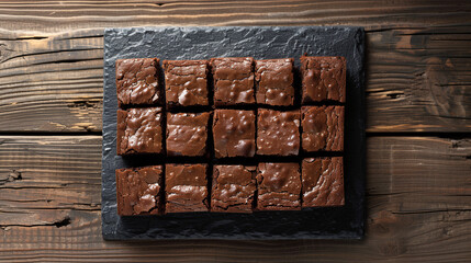 vegan brownies cut into squares, placed on a black slate board with a background of dark wood for contrast