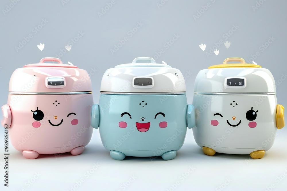 Cute cartoon style rice cookers, different designs, 3D render, created ...