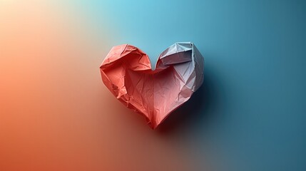 Poster - A minimalistic composition featuring a folded paper heart centered on a pastel-colored background. top view. Generative AI.