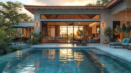 Poster - A vibrant and romantic modern bungalow that captures the essence of summer magic and joyful romance from the song. The bungalow radiate warmth and a sense of carefree fun. Generative AI.