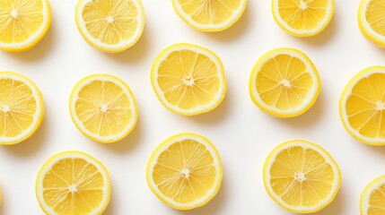 Wall Mural - Slices of lemon arranged on a white background, showcasing vibrant yellow color.