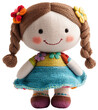 © MinimalZine - Smiling Handmade Knit Doll with Flowers: Adorable handmade knitted doll with flowers in her hair, wearing a colorful dress and shoes, isolated on transparent background.