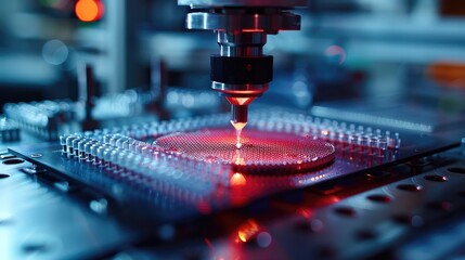 Wall Mural - Close-up of Silicon Die are being Extracted from Semiconductor Wafer and Attached to Substrate by pick and place machine. Computer Chip Manufacturing at Factory. Generative AI.