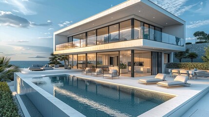 Wall Mural - Modern beach house with swimming pool and terrace, sea views. contemporary holiday villa exterior. Generative AI.