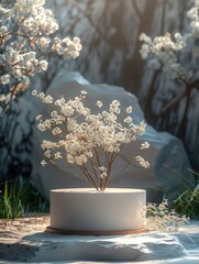 Aufkleber - A modern podium for product design against the backdrop of a white flower garden. Generative AI.