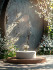 Aufkleber - A modern podium for product design against the backdrop of a white flower garden. Generative AI.
