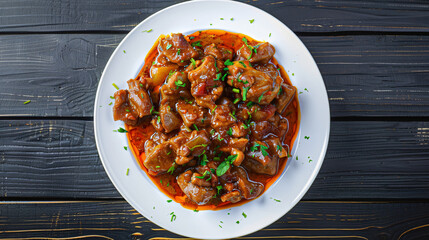 Poster - Delicious braised beef stew garnished with parsley, served on a white plate on a black wooden table, top view