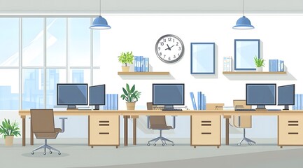 Wall Mural - illustration of an office space with desks, chairs and bookshelves,workspace