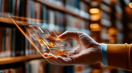 Poster - Hand holding a futuristic transparent tablet displaying digital data in a library with blurred bookshelves illuminated in the background