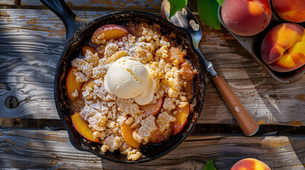 Wall Mural - vegan peach cobbler served in a cast-iron skillet, with a scoop of vegan vanilla ice cream melting on top, placed on a wooden picnic table