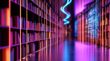 Poster - Futuristic library interior with colorful illuminated bookshelves and digital display, creating a vibrant studying environment