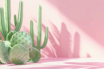 Poster - Sunlight casting shadows of cacti on a pink wall, creating a modern and minimalist aesthetic