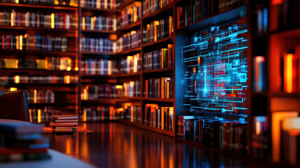 Poster - Modern library interior showcasing rows of books with a digital hologram interface displayed prominently on a shelf