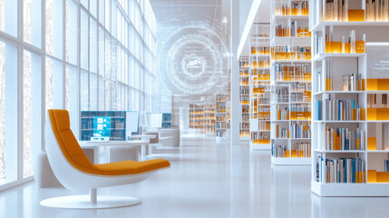Poster - Modern library interior with bright natural light, digital screens, and stylish furniture creating an inviting study environment