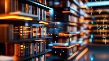 Poster - Futuristic library interior with glowing shelves, illuminated books, and abstract digital elements creating a sci-fi atmosphere