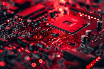 Canvas Print - Detailed view of a technologically advanced circuit board featuring numerous components and glowing red lights, representing modern electronics.