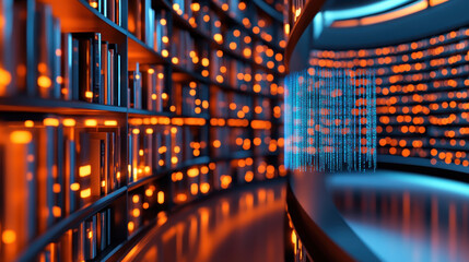 Poster - Futuristic library interior with glowing books and digital data streams, showcasing a blend of technology and literature