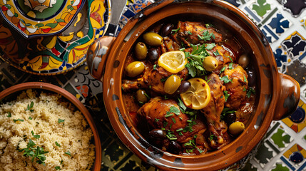 Wall Mural - Moroccan tagine, with tender chicken, olives, and preserved lemons, served in an ornate tagine pot, set on a colorful mosaic table with a side of couscous