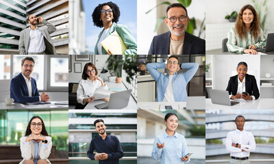 Aufkleber - A lively assortment of professionals is depicted, showcasing collaboration, creativity, and productivity in bright and modern office environments. Individuals are engaged in discussions