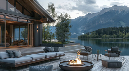 Poster - Modern barn style lakeside house porch with fire pit lounge, stunning mountain lake view. Generative AI.