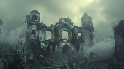 Sticker - Eerie Ruins in Fog: Abandoned Church in a Mystical Landscape