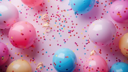 Poster - Vibrant birthday party scene with colorful balloons, confetti, and streamers on a pastel background. Generative AI.