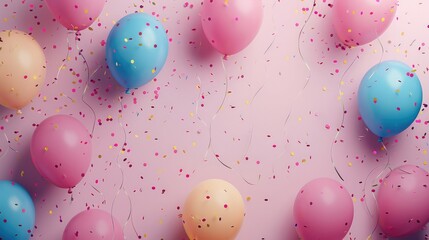 Poster - Vibrant birthday party scene with colorful balloons, confetti, and streamers on a pastel background. Generative AI.