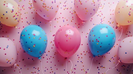 Poster - Vibrant birthday party scene with colorful balloons, confetti, and streamers on a pastel background. Generative AI.