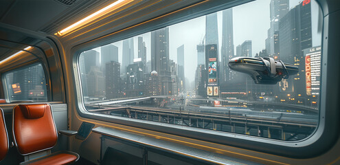 Aufkleber - Inside a high-speed air train, the train transparent windows provide a view of the city skyscrapers and aerial vehicles. Generative AI.