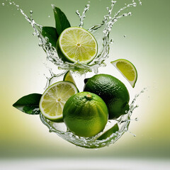 Wall Mural - Photo of limes with juice splashing around them in the air, some green leaves mixed with splashes of juice adding dynamism and freshness