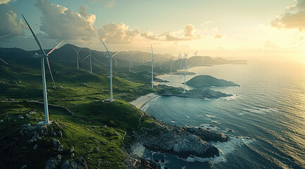 Poster - A coastal wind farm with turbines extending into the sea. Generative AI.