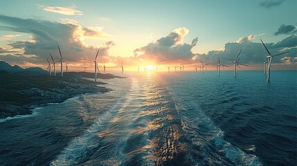 Poster - A coastal wind farm with turbines extending into the sea. Generative AI.