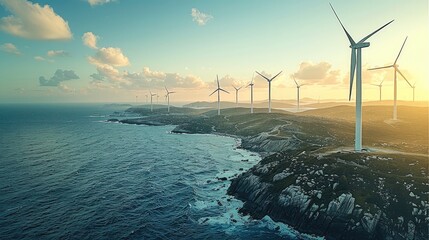 Poster - A coastal wind farm with turbines extending into the sea. Generative AI.