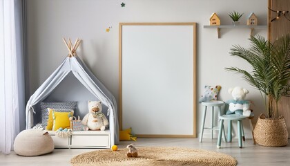 Wall Mural - Mock up poster frame in white cozy children room interior background, 3D render