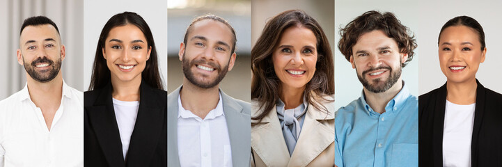 Aufkleber - A group of six professionals, representing various backgrounds, stands together in a modern office space. They are dressed in smart attire and exude confidence and positivity.