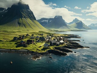 Wall Mural - Landscape with viking village Lofoten islands