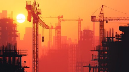 Silhouette of construction cranes and buildings against an orange sunset skyline, showcasing urban development and engineering marvels.