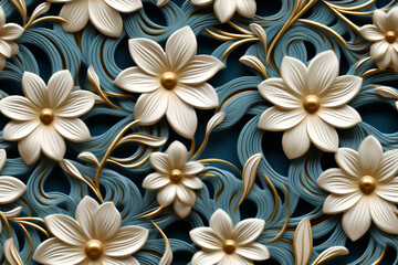 3D rendering of a seamless pattern with white flowers with gold centers and gold vines on a blue background.