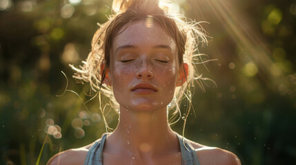 A close-up of a woman catching her breath after a run, beads of sweat on her forehead, serene