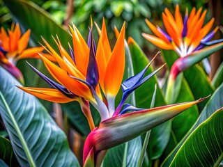 Wall Mural - Vibrant orange and purple blooms of Strelitzia reginae, a South African native, unfurl from lush green leaves, showcasing exotic beauty and intricate flower structure.