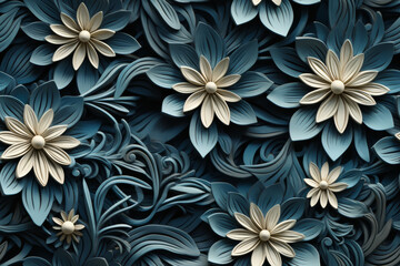 A close-up of a blue and white floral pattern.